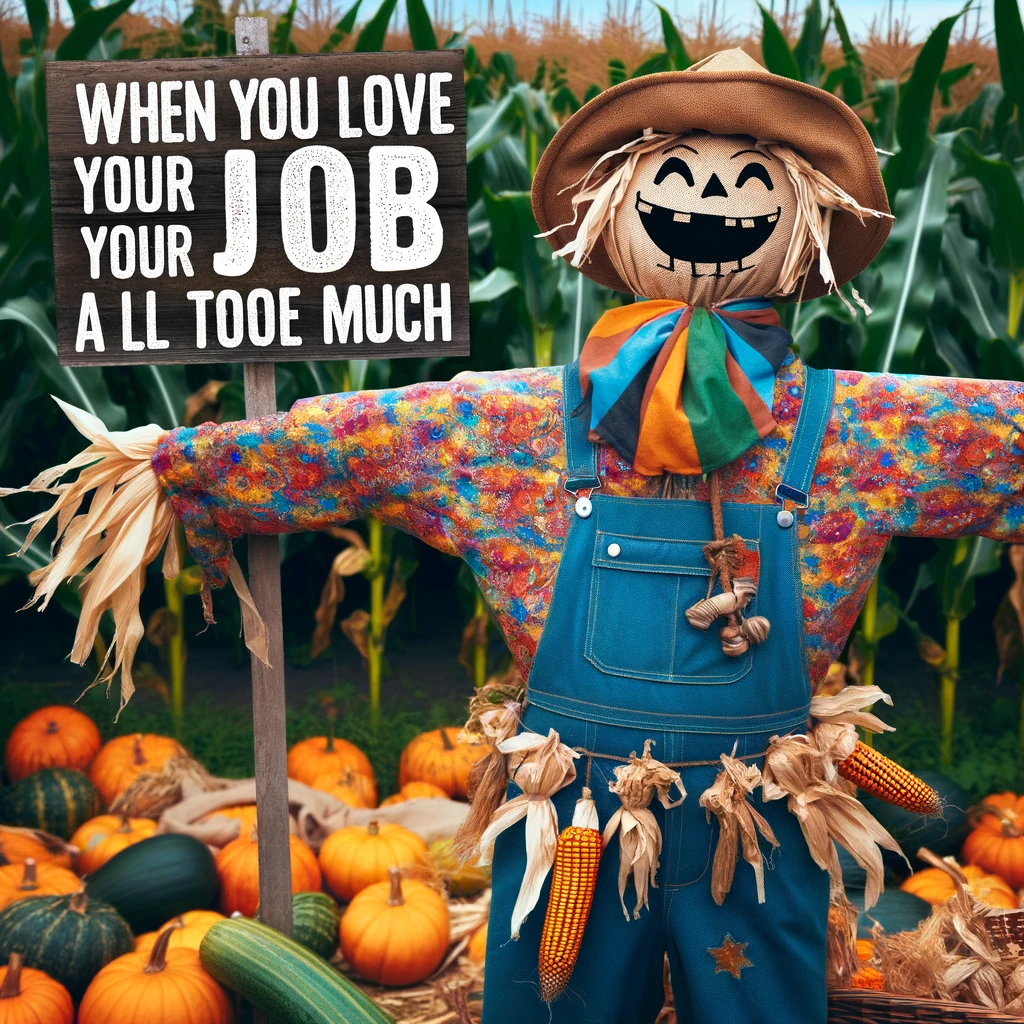 A scarecrow in a field dressed in colorful farmer's clothing, overly excited with a big grin and open arms, surrounded by an abundant harvest of corn and pumpkins. The scarecrow looks like it loves its job a little too much. Include the text: "When you love your job a little too much."