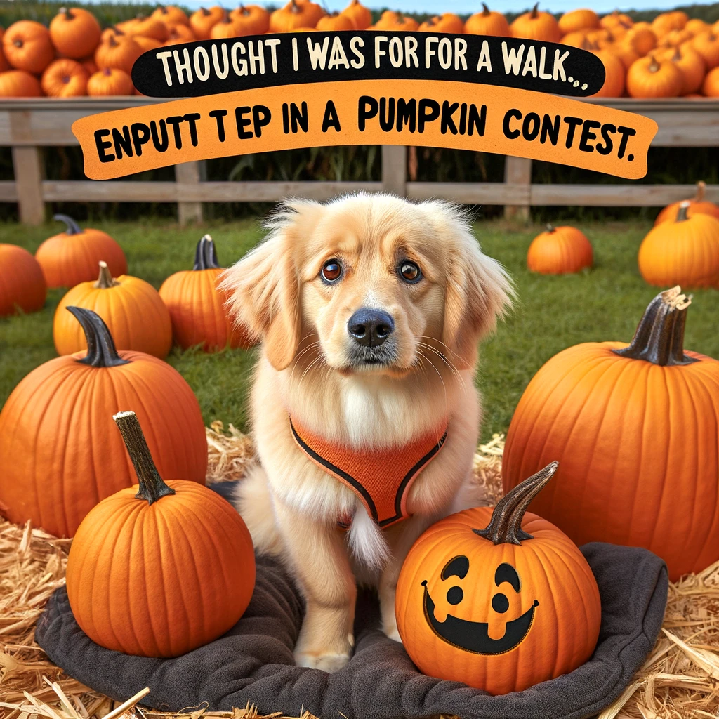 A cute, bewildered-looking dog sitting in the middle of a pumpkin patch, surrounded by large pumpkins, looking slightly confused. Include the text: "Thought I was going for a walk, ended up in a pumpkin contest."
