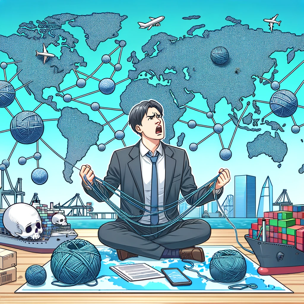 A map of the world with a procurement professional trying to connect the dots with yarn, looking overwhelmed by the complexity, representing the 'Global Supply Chain' meme. This professional is surrounded by various global landmarks and cargo ships, symbolizing the vast network of supply chains.