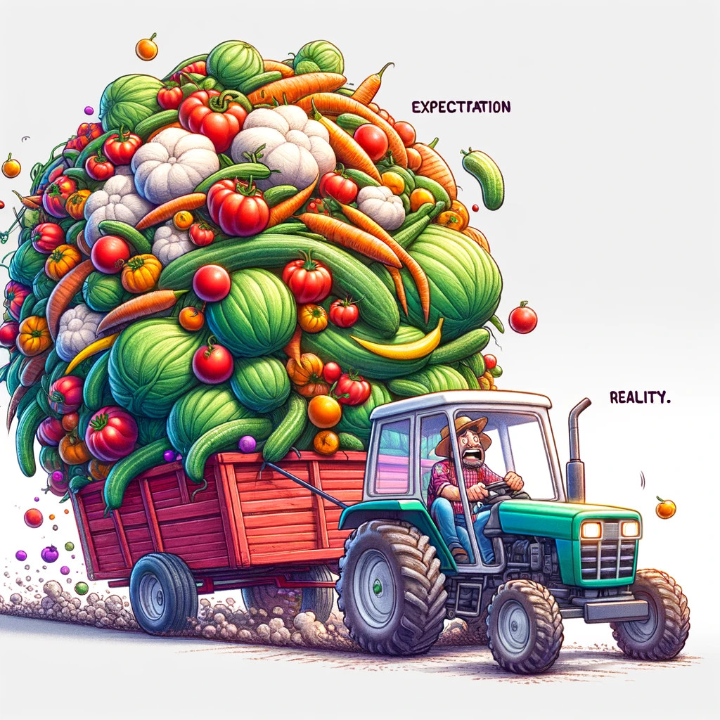 A small tractor comically overloaded with an absurdly large pile of vegetables, almost tipping over. The farmer is driving with a proud but anxious expression. Include the text: "Harvest season: Expectation vs. Reality."