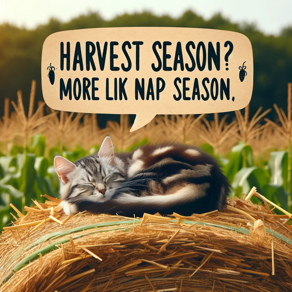 A cute, sleepy cat curled up on top of a hay bale, with a field of corn in the background. Include the text: "Harvest season? More like nap season."