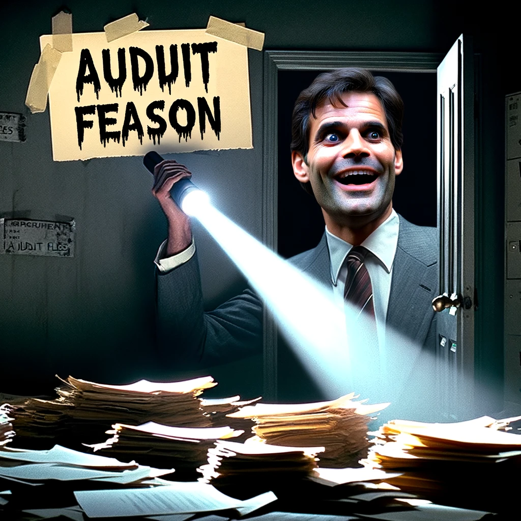 A horror movie-themed meme with a procurement professional shining a flashlight into a dark room labeled 'Audit Files', depicting 'The Audit Season' meme. The room is filled with ominous shadows and scattered papers, evoking a sense of suspense and dread.