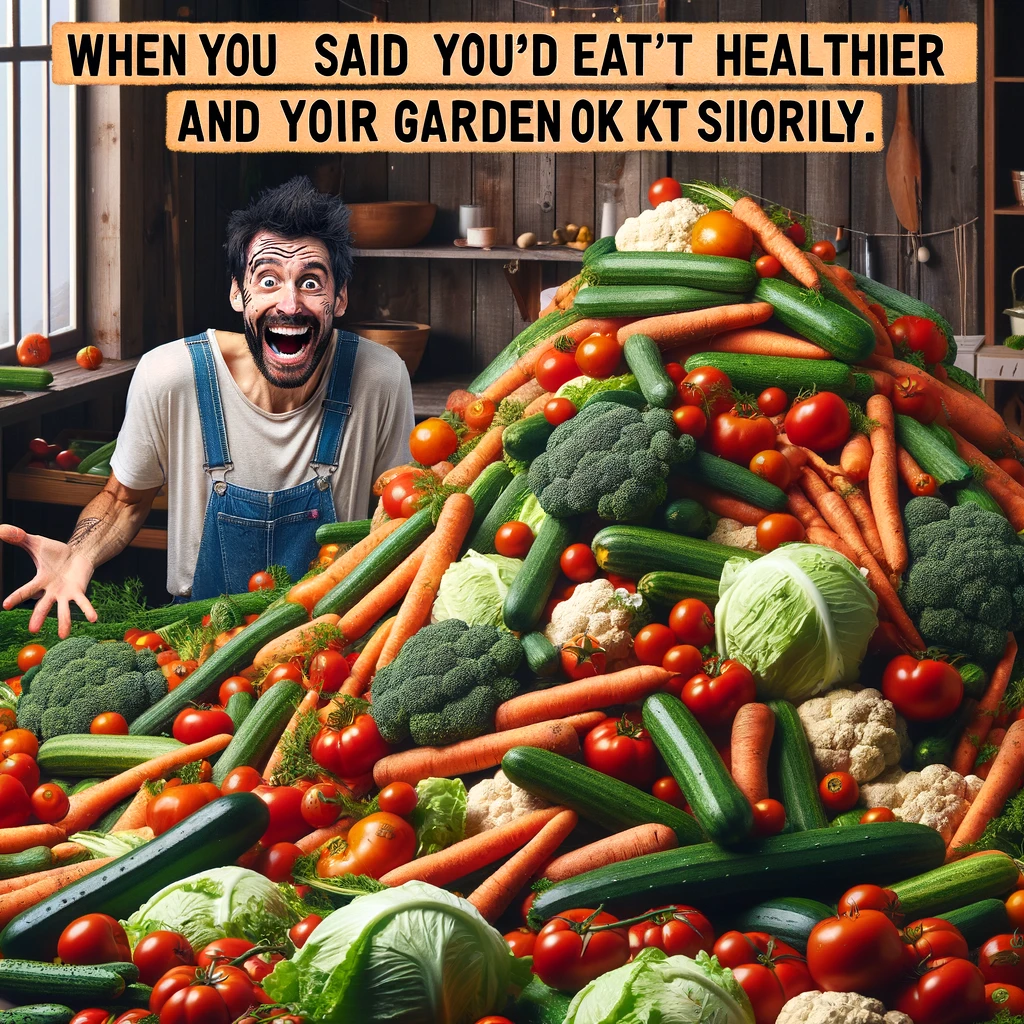 A person with an exaggerated smile, surrounded by mountains of harvested vegetables. The person is trying to stay positive amidst the overwhelming amount of vegetables. Include text at the top: 'When you said you'd eat healthier and your garden took it seriously.' The scene should show a variety of vegetables, like tomatoes, carrots, and lettuces, piled high around the person. The setting can be a home kitchen or garden. The image should have a humorous and exaggerated tone, emphasizing the challenge of dealing with an abundant harvest.