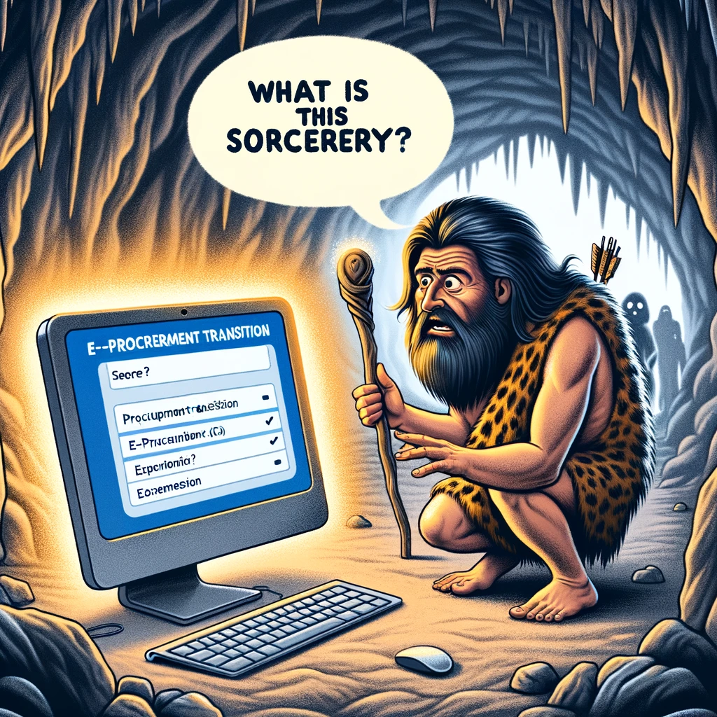 A caveman procurement professional discovering a computer for the first time, with a speech bubble saying 'What is this sorcery?', representing 'The E-Procurement Transition' meme. The scene is set in a cave, with the professional wearing traditional caveman attire and looking at a modern computer in awe and confusion.