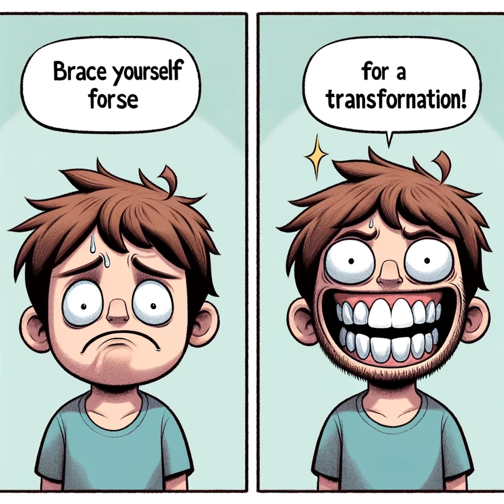 A cartoon of a character with crooked teeth looking sad in the first panel, and the same character with straight teeth and a big smile in the second panel. Caption: "Brace Yourself for a Transformation!"