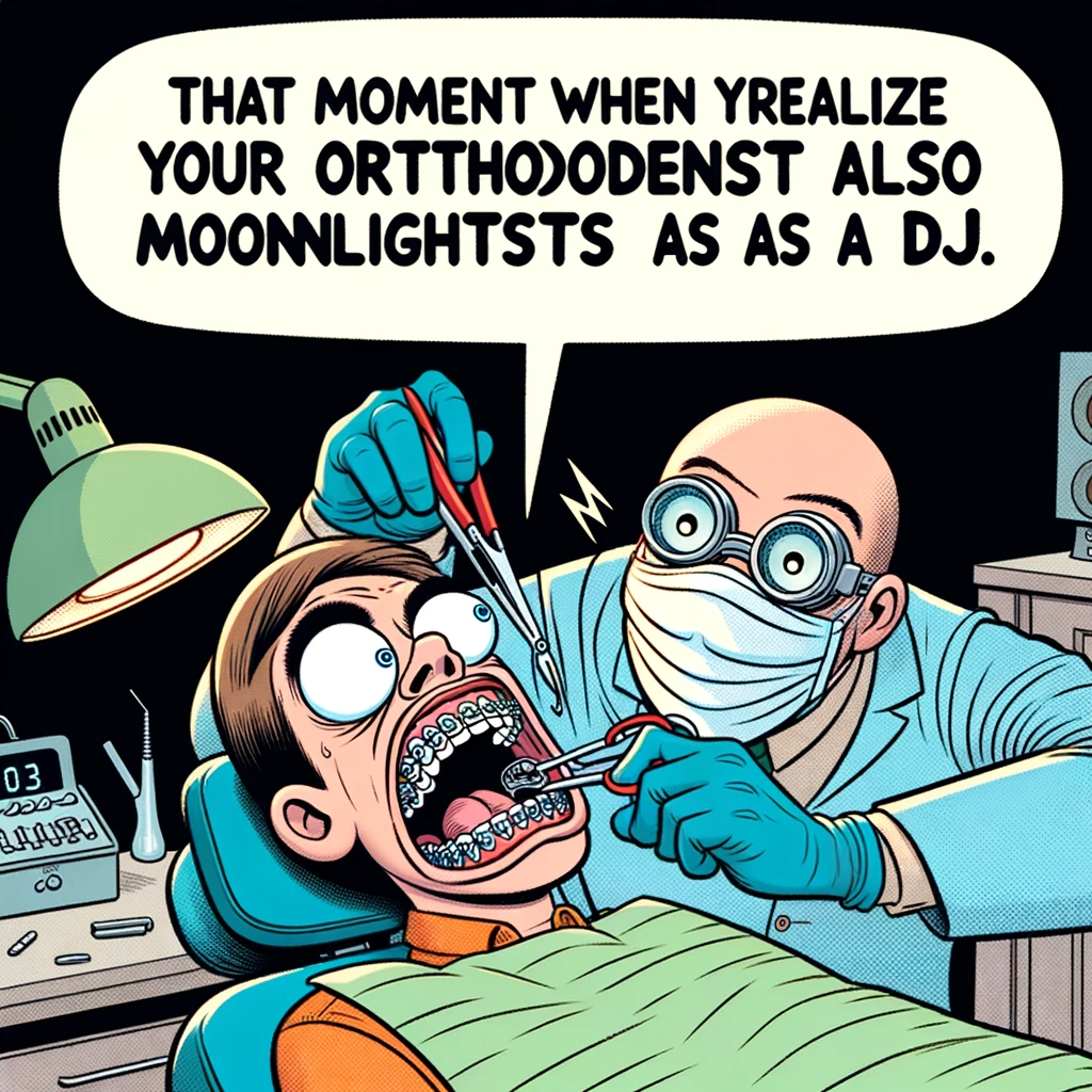 Comic-style drawing of a person in an orthodontist's chair making a humorous exaggerated grimace while the orthodontist tightens their braces. Caption: "That moment when you realize your orthodontist also moonlights as a DJ."