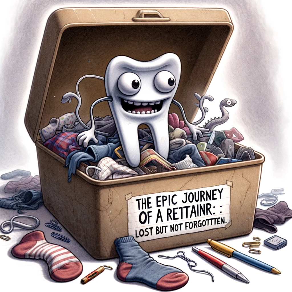 A funny cartoon of a retainer trying to navigate through a 'Lost and Found' box full of random items. The retainer is anthropomorphized, with eyes and legs, looking determined yet confused as it scrambles among items like socks, pens, and notebooks. The caption at the bottom reads, "The Epic Journey of a Retainer: Lost but not Forgotten." The scene should have a light-hearted and humorous feel, emphasizing the adventurous and slightly chaotic nature of the retainer's quest.