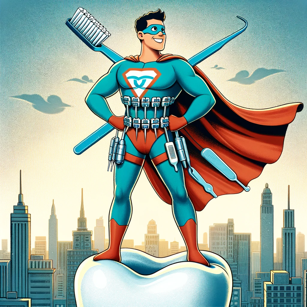 An image of a superhero wearing a cape and orthodontic tools on their belt, standing triumphantly on top of a tooth-shaped building. The superhero should have a confident and proud pose, like a classic comic book hero, with a backdrop of a city skyline. The superhero's costume incorporates elements related to orthodontics, such as braces or toothbrush motifs. The caption at the bottom of the image reads, "In a world of crooked teeth, one hero rises to align them all." This image should convey a sense of fun and empowerment, mixing the themes of orthodontics and superhero antics.