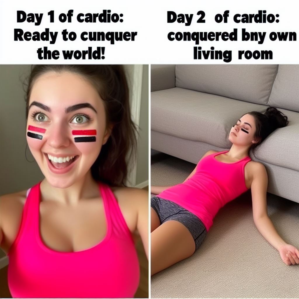 A meme showing a bright-eyed person in brand new workout gear. Caption: 'Day 1 of cardio: Ready to conquer the world!' Followed by a picture of the same person collapsed on the floor, caption: 'Day 2 of cardio: Conquered by my own living room.'