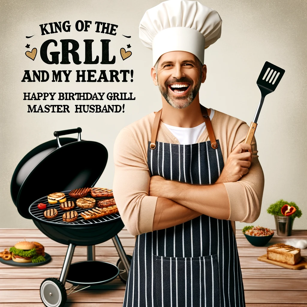 A man proudly standing by a barbecue grill, wearing a chef's hat and holding a spatula. He has a proud and joyful expression, exuding confidence as the 'grill master'. The grill is filled with various delicious-looking barbecue items. A caption at the bottom reads, "King of the Grill and my heart. Happy Birthday to my grill master husband!" The image should capture the essence of a backyard barbecue, full of warmth and celebration, ideal for a birthday greeting.