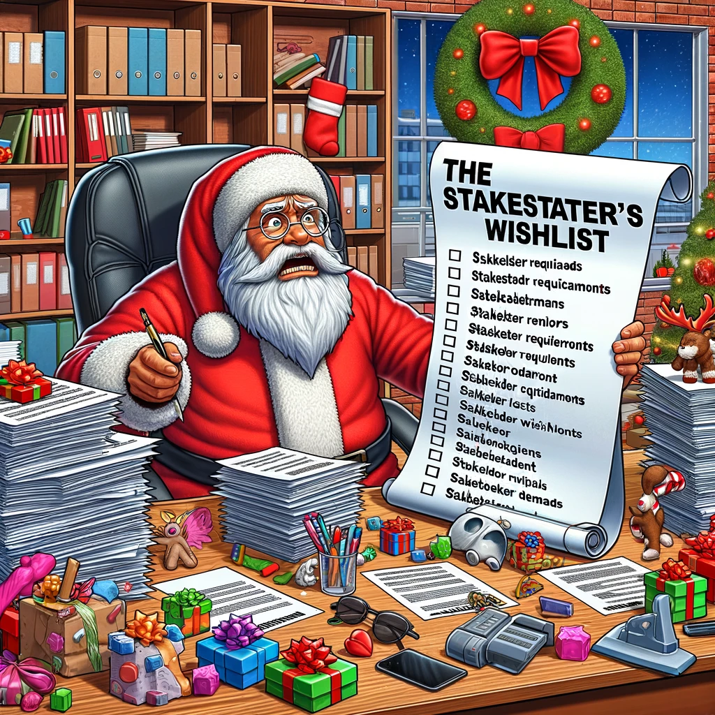 Santa Claus in a procurement office, overwhelmed by a long list labeled 'Stakeholder Requirements', representing 'The Stakeholder's Wishlist' meme. Santa is sitting at a desk piled with papers, looking stressed and surrounded by toys and gadgets representing various stakeholder demands.