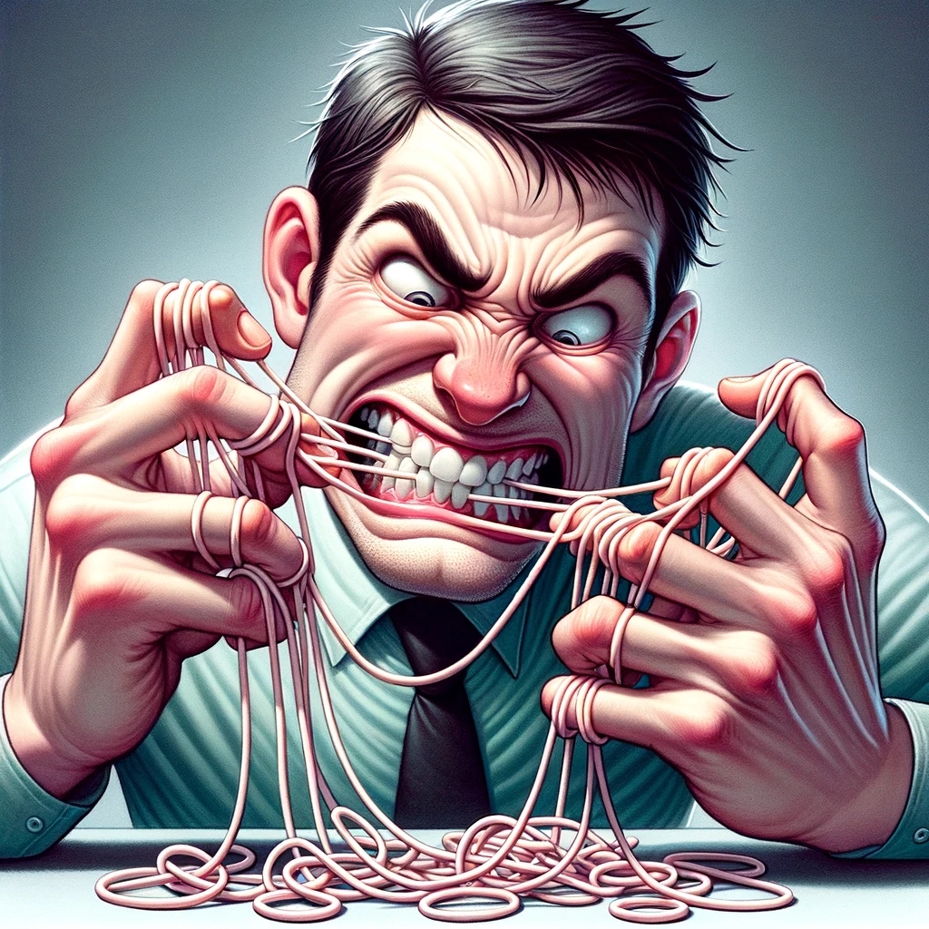 A humorous image depicting a person struggling to put elastics on their braces, getting them tangled in their fingers. The person's expression should be a mix of concentration and mild frustration, highlighting the challenge. The scene should be relatable to anyone who has worn braces. The image should have a light-hearted, comic feel, with the caption at the bottom reading: "Elastic Bands: The Ultimate Test of Patience and Dexterity." The focus should be on the struggle with the elastics, emphasizing the humor in the situation.