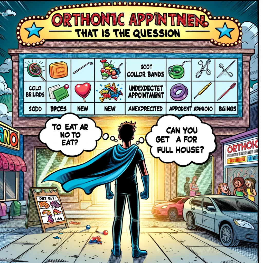 A comic strip showing a person with braces standing in front of a candy store, appearing conflicted and anxious. The thought bubble above their head reads: "To eat or not to eat, that is the question." The comic should highlight the dilemma faced by brace-wearers around candy. 6. An illustration of a bingo card filled with various common orthodontic experiences like 'got poked by a wire,' 'new color bands,' and 'unexpected appointment.' The card should look like a typical bingo card, with a caption: "Orthodontic Appointment Bingo - Can you get a full house?" 7. A dramatic image of a person with braces, standing heroically in front of an orthodontic clinic, wearing a cape that looks like a dental bib. The setting should convey a sense of humor and exaggeration, with a caption: "The unsung hero of dental hygiene." 8. A cartoon of someone with braces attempting to adjust their braces using household tools, such as pliers or a screwdriver. The person looks puzzled and slightly comical. Caption: "When you think you can be your own orthodontist."