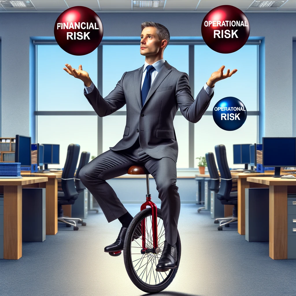 A procurement professional on a unicycle, juggling balls labeled 'Financial Risk', 'Supply Risk', and 'Operational Risk', representing 'The Risk Management Balancing Act' meme. The professional is dressed in a business suit, maintaining balance on the unicycle with a focused expression, against an office background.