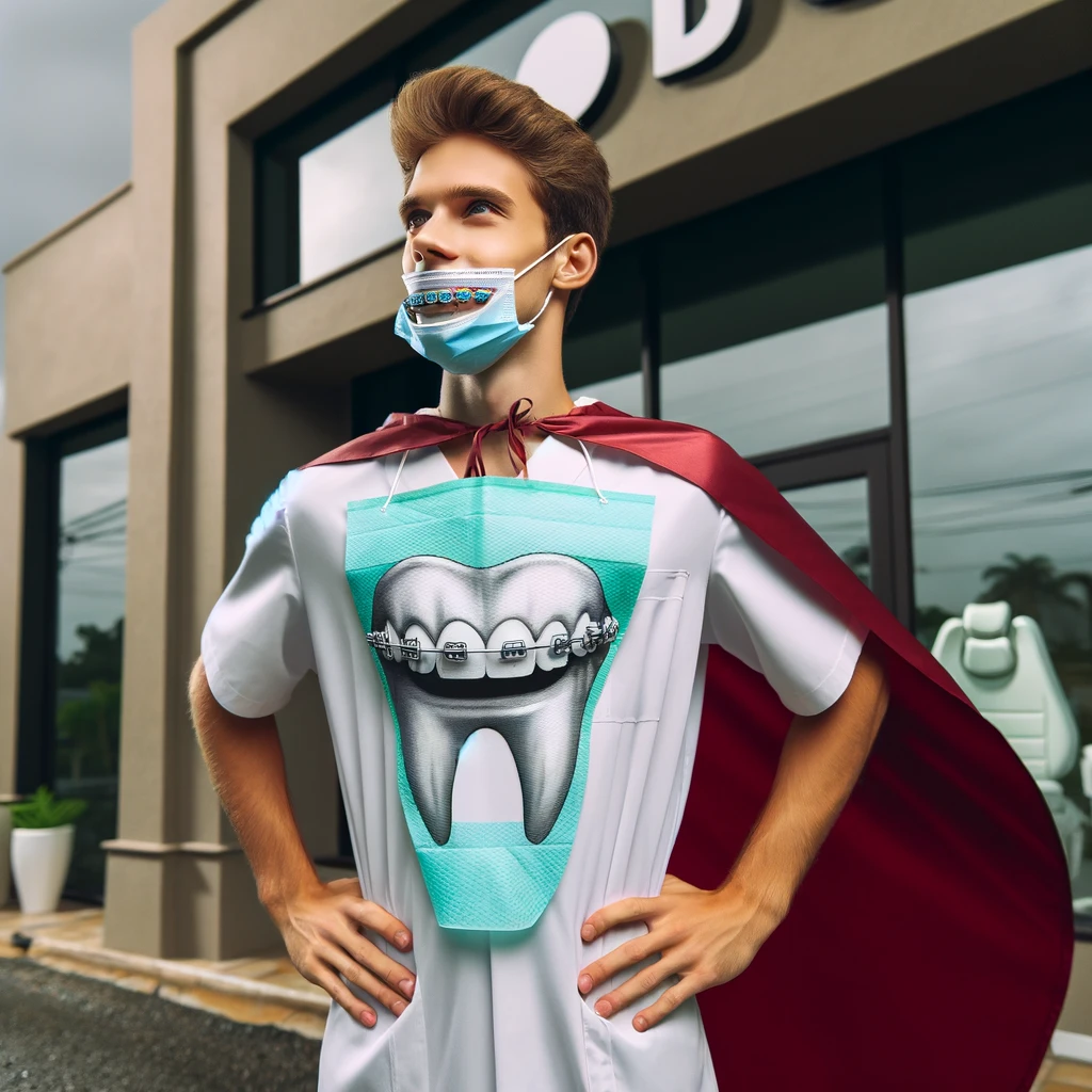 A dramatic image of a person with braces standing like a superhero in front of an orthodontic clinic. The person is wearing a cape that looks like a dental bib. They strike a heroic pose with their hands on their hips, looking confident and ready to face any dental challenge. The clinic in the background looks modern and welcoming. The caption reads: "The unsung hero of dental hygiene."