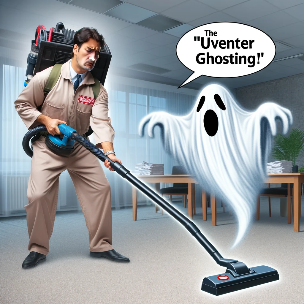 A procurement professional in a ghostbuster outfit, using a vacuum to try to capture a ghost labeled 'Unresponsive Supplier', depicting 'The Vendor Ghosting' meme. The scene is in an office environment, with the professional aiming the vacuum at a wispy, elusive ghost that is evading capture, symbolizing unresponsive vendors.