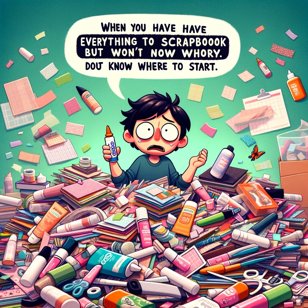 Overwhelmed Scrapbooker: A person surrounded by mountains of scrapbooking supplies, looking bewildered and holding a glue stick. The caption says, "When you have everything to scrapbook but don't know where to start."