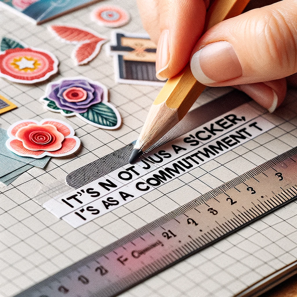 The Perfectionist: A close-up of a scrapbook page with a ruler and an eraser, showing someone trying to place a sticker perfectly straight. The caption says, "It's not just a sticker, it's a commitment."