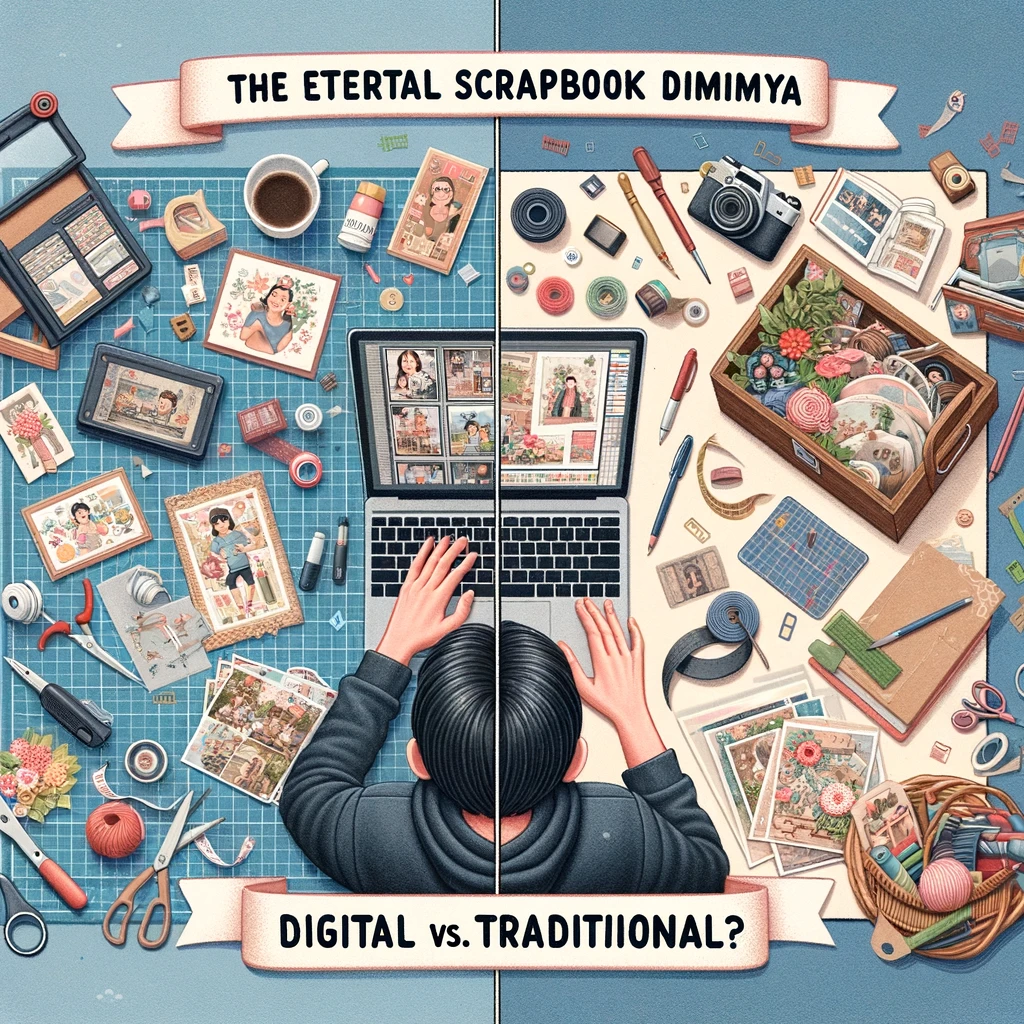 Digital vs. Traditional: Split image showing one side with a person using a computer and digital scrapbooking software, and the other side with a person surrounded by traditional scrapbooking materials. The caption reads, "The eternal scrapbook dilemma: digital or traditional?"