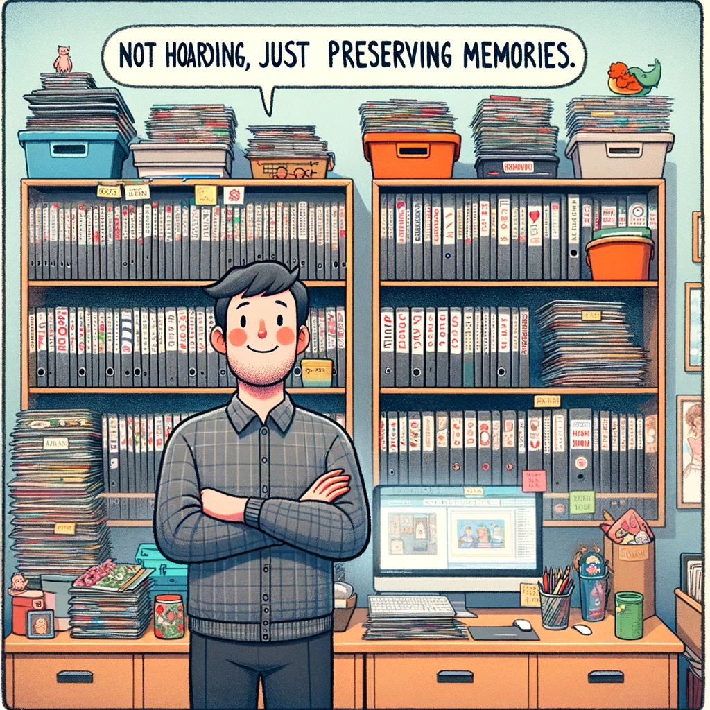 The Collector: A person standing in front of a shelf filled with scrapbooking albums, looking proud. The caption says, "Not hoarding, just preserving memories."
