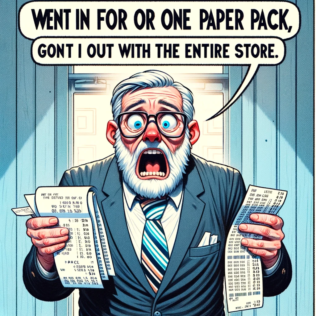 The Unexpected Expense: A shocked person looking at a receipt from a craft store. The caption reads, "Went in for one paper pack, came out with the entire store."
