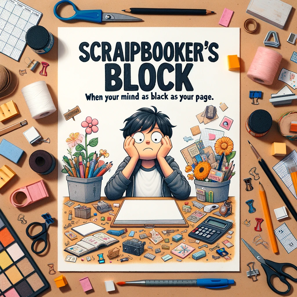 The Creative Block: A person staring at a blank scrapbook page, scratching their head. Various craft supplies are scattered around. The caption says, "Scrapbooker's block: when your mind is as blank as your page."