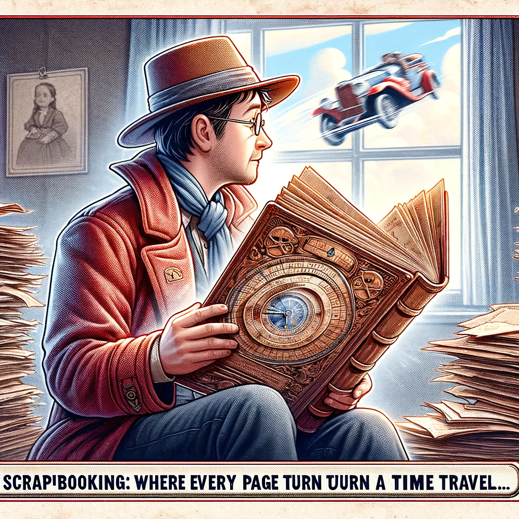 The Time Traveler: A person looking nostalgic while flipping through an old scrapbook. The caption reads, "Scrapbooking: where every page turn is a time travel."