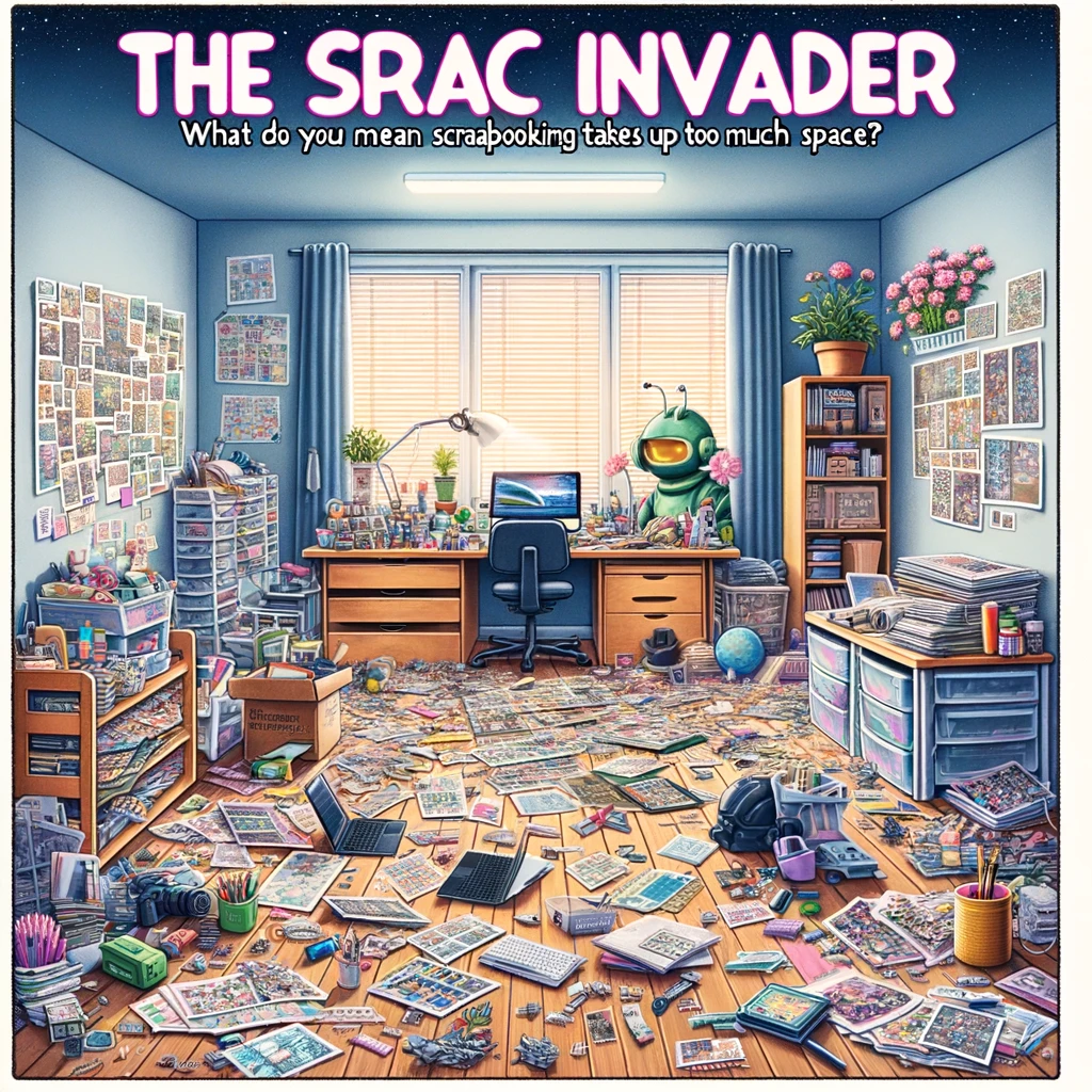 The Space Invader: An image of a scrapbook workspace spreading into every corner of a room, with the caption, "What do you mean scrapbooking takes up too much space?"