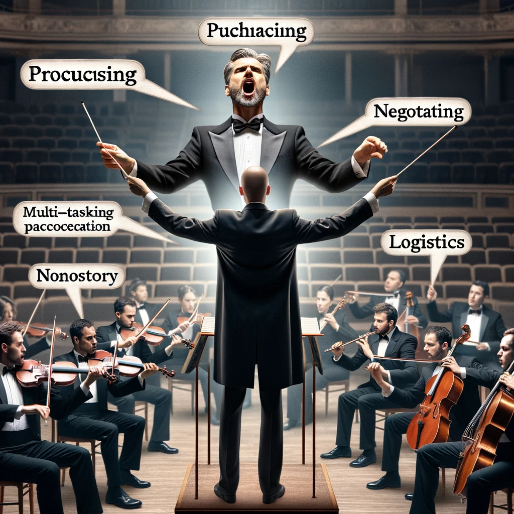 A procurement professional as an orchestra conductor, directing musicians playing instruments labeled 'Purchasing', 'Negotiating', 'Inventory', and 'Logistics', representing 'The Multi-Tasking Maestro' meme. The professional is in formal conductor attire, passionately leading the orchestra in a grand concert hall setting.