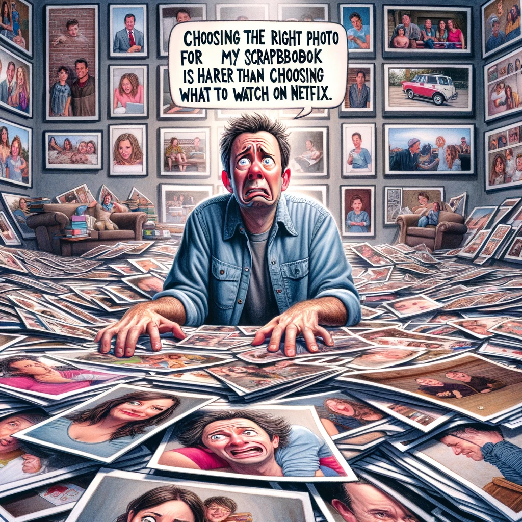 The Photo Dilemma: A comical depiction of a scrapbooker surrounded by hundreds of photos, looking utterly confused and indecisive. The person is in a room filled with photographs spread all around, portraying the overwhelming choice of selecting the perfect one. The image has a humorous and exaggerated style, emphasizing the difficulty of making a choice. At the bottom, the caption states, "Choosing the right photo for my scrapbook page is harder than choosing what to watch on Netflix." The overall tone is light and playful, reflecting the common scrapbooking challenge.