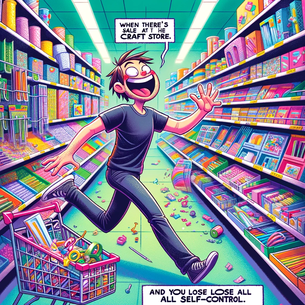 Craft Store Sale Frenzy: A cartoonish image of someone running excitedly with a shopping cart in a craft store. The person is depicted in a state of blissful frenzy, grabbing various craft items off the shelves. The store is colorful and packed with crafting supplies. The expression on the person's face is one of pure excitement and a bit of humorous madness. A caption at the bottom of the image reads, "When there's a sale at the craft store and you lose all self-control." The style is vibrant and lively, capturing the exhilaration of finding great deals on craft supplies.