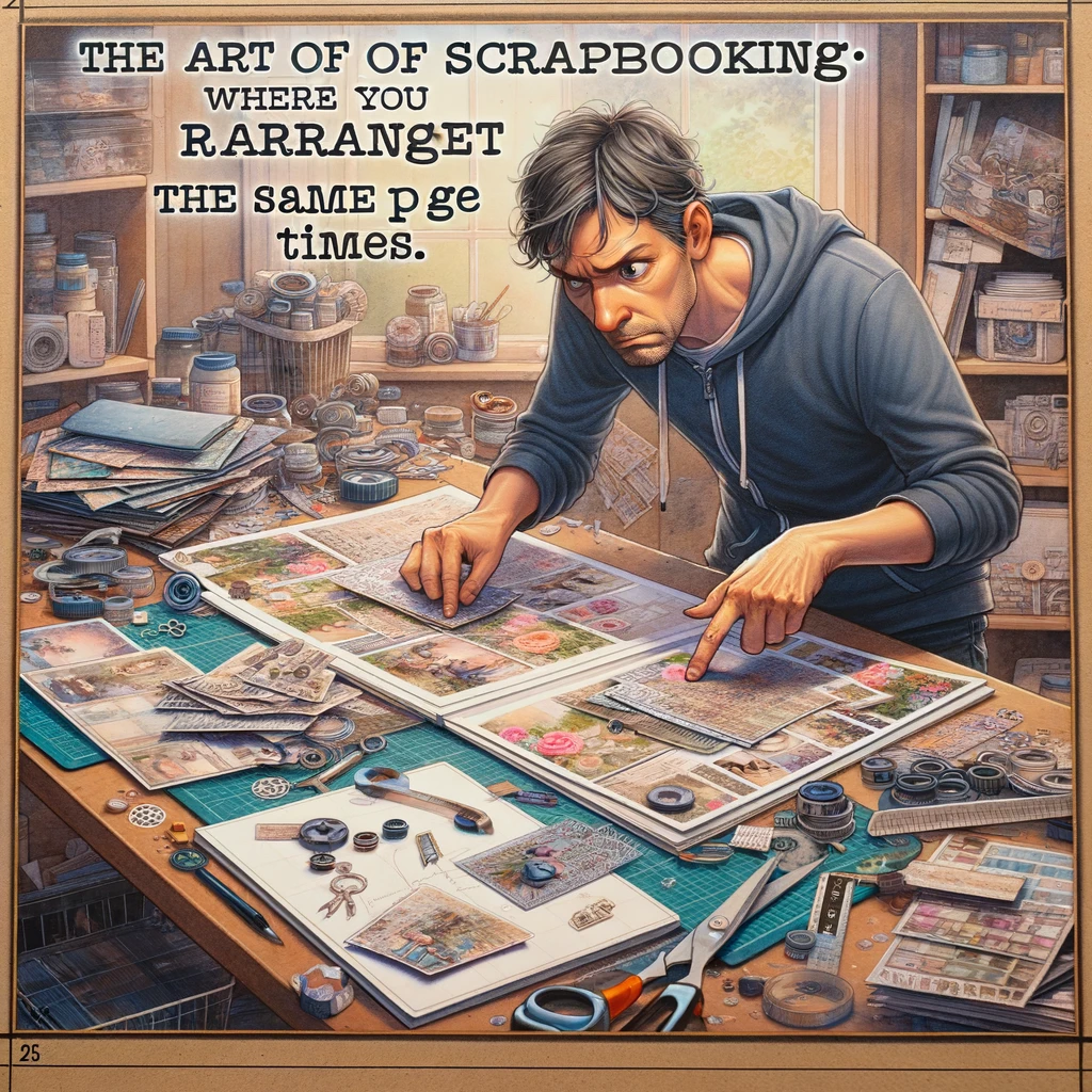 The Layout Struggle: An image depicting a scrapbooker moving elements around a page, never quite satisfied. The scene is set in a crafting area with various scrapbooking materials scattered around. The person's expression is focused and a bit frustrated, highlighting the creative challenge. The caption at the bottom of the image reads, "The art of scrapbooking: where you rearrange the same page 27 times." The style of the image is detailed and realistic, capturing the meticulous process of achieving the perfect scrapbook layout, with a humorous undertone.