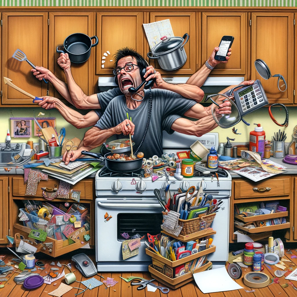 The Crafting Multitasker: An image of a person frantically multitasking in a chaotic kitchen. They are trying to cook with pots and pans on a stove, talk on a phone cradled between their shoulder and ear, and scrapbook on a small kitchen counter cluttered with scrapbooking materials. The person looks overwhelmed yet determined. There are scraps of paper, scissors, and glue scattered around. The image is humorous and exaggerated to highlight the chaos of multitasking. The caption at the bottom reads, "Mastering the art of multitasking, scrapbooker style."