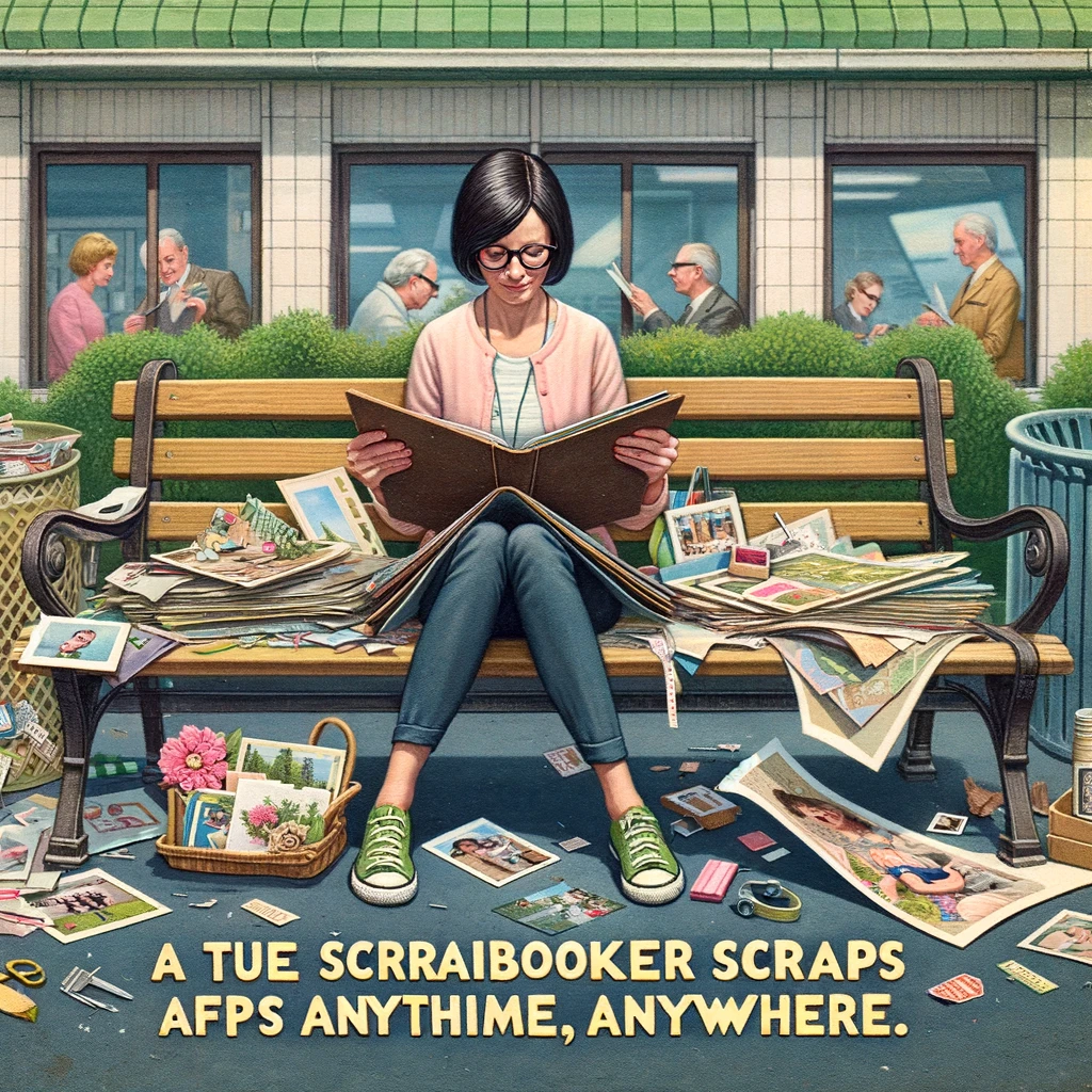 The Dedicated Scrapper: An image of a person deeply engrossed in scrapbooking while sitting in an unusual location, like a park bench or a waiting room. The person is surrounded by scrapbooking materials, with papers, photos, and embellishments spread out around them. The setting should be unexpected for scrapbooking, such as a busy park or a clinical waiting room, to emphasize the dedication of the scrapper. The person appears focused and happy, oblivious to the unusual setting. The caption at the bottom reads, "A true scrapbooker scraps anytime, anywhere."