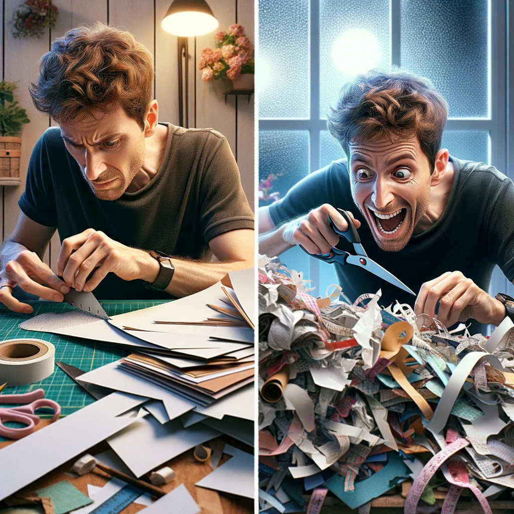 1. A person intensely focused on cutting a piece of paper with intricate detail, surrounded by a pile of discarded, slightly off-cuts. The scene is in a well-lit, cozy crafting room. The caption reads, "In scrapbooking, precision is not just a skill, it's a way of life." The image should have a humorous and light-hearted feel to it, reflecting the dedication of a passionate scrapbooker. 2. An image of someone with an expression of joy and surprise, discovering a forgotten stash of scrapbooking supplies in a corner of their home. The room is cluttered with various crafting materials. The caption says, "It's like Christmas every time I find scrapbooking supplies I forgot I had." The image should convey the excitement and delight of finding hidden treasures. 3. A split image showing two contrasting scenes: on one side, a neat and tidy desk with organized scrapbooking supplies; on the other, the same desk now chaotic and covered with craft materials, with a person happily crafting. The caption reads, "Scrapbooking: a transformation story." The image should highlight the contrast between order and creative chaos. 4. A person with a minor injury like a paper cut or glue burn, proudly wearing a band-aid, in a crafting room. The caption states, "Scrapbooking injuries: badges of honor." The image should depict a light-hearted take on the minor mishaps that occur during crafting. 5. An image of a meticulously organized scrapbooking area, with every tool and material in perfect order. The room looks well-organized and inviting. The caption says, "Some call it obsessive, scrapbookers call it ready." The image should exude a sense of pride in organization. 6. A person looking at a mess they've made, like spilled ink or paint, that's unexpectedly artistic. The crafting room is colorful and vibrant. The caption reads, "In scrapbooking, even accidents are art." The image should capture the serendipity and creativity in crafting accidents. 7. A scrapbooker surrounded by papers and embellishments in various shades, looking perplexed. The room is filled with colorful crafting materials. The caption states, "Finding the perfect color match: the ultimate scrapbooking challenge." The image should express the fun and challenge of color coordination in scrapbooking. 8. An image of a person suddenly jumping out of bed in the middle of the night with a scrapbooking idea, in a dimly lit bedroom. The caption, "Inspiration strikes at the most inconvenient times." The image should depict the sudden burst of inspiration common to creative minds. 9. A person getting teary-eyed while working on a scrapbook page, in a warm, cozy crafting room. The caption reads, "Scrapbooking: where memories tug at your heartstrings." The image should convey the emotional connection and nostalgia associated with scrapbooking.