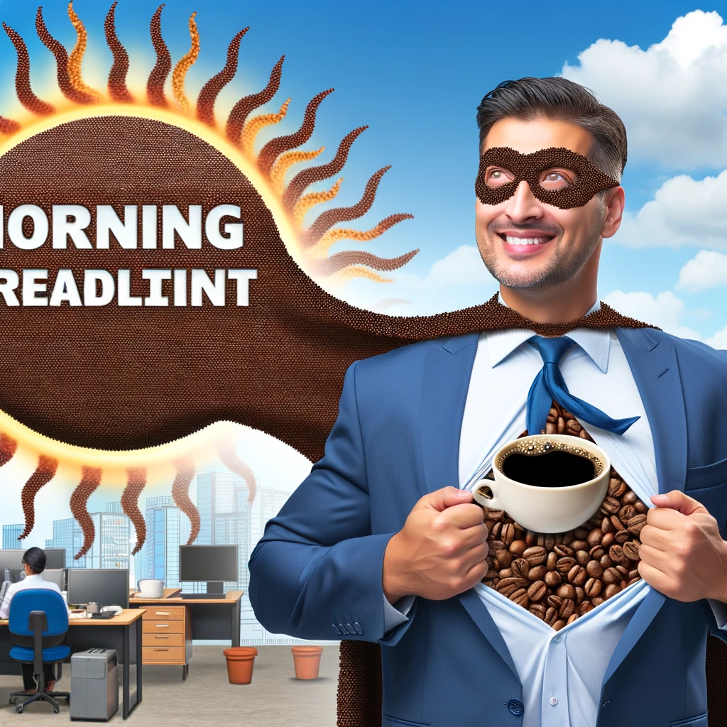 A procurement professional with a superhero cape made out of coffee beans, standing heroically with a cup of coffee, against the backdrop of a rising sun labeled 'Morning Deadlines', symbolizing 'The Coffee-Powered Procurement' meme. The professional is in an office setting, looking energized and ready to tackle the day's challenges.