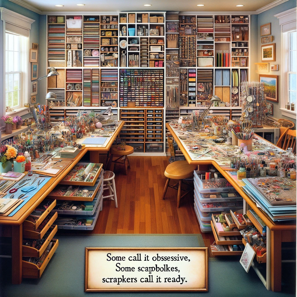 An image of a meticulously organized scrapbooking area, with every tool, paper, and embellishment in perfect order. The scene should show a well-lit, inviting craft space with shelves, drawers, and tables, all neatly arranged with various scrapbooking supplies. The organization is almost artistic, with color-coordinated materials and tools placed in an aesthetically pleasing manner. A caption at the bottom of the image says, "Some call it obsessive, scrapbookers call it ready."