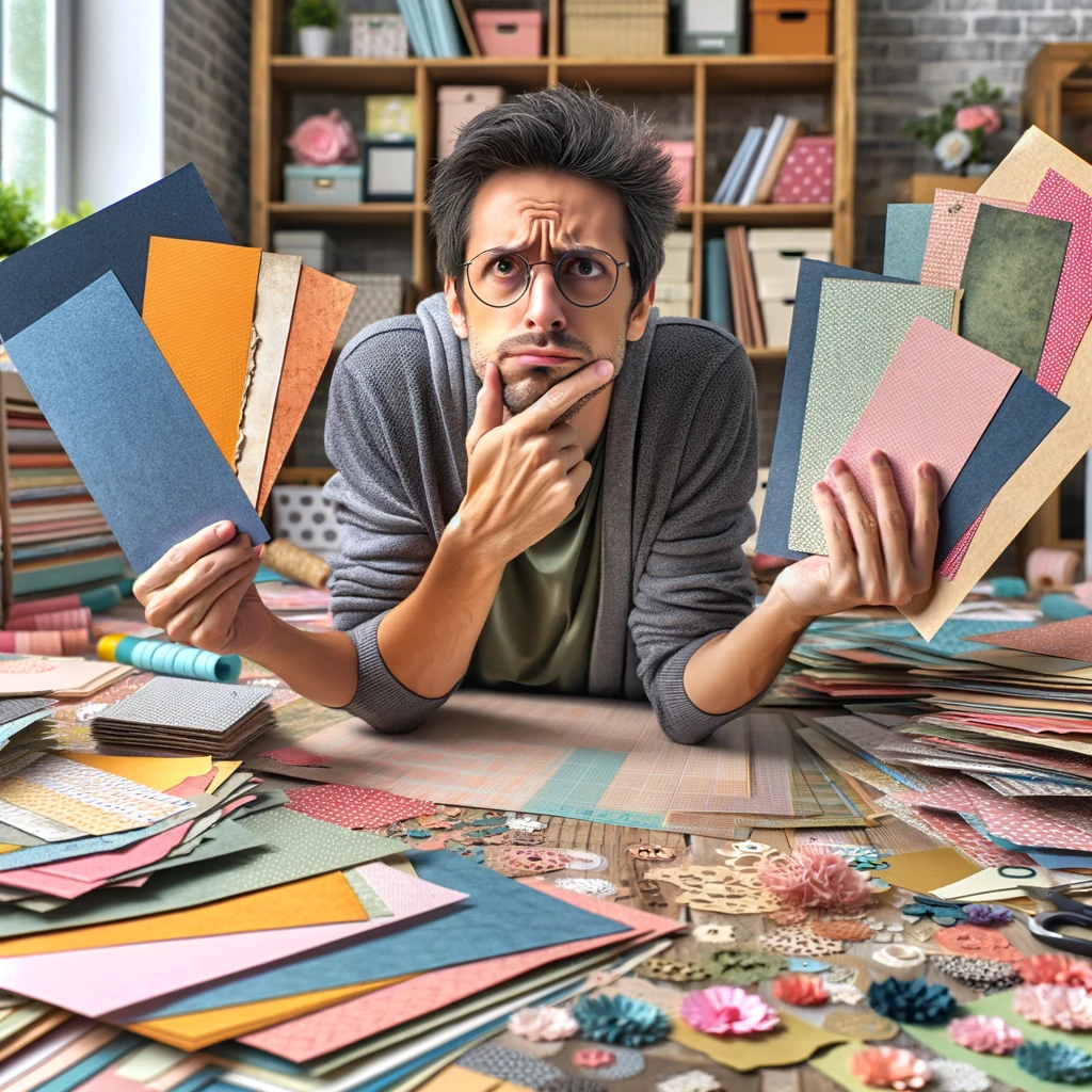 An image of a scrapbooker surrounded by papers and embellishments in various shades, looking perplexed. The person is in the middle of a crafting session, with a table full of scrapbooking materials spread out around them. They are holding up two different colored papers, comparing them, with a thoughtful and slightly confused expression on their face. The scene captures the challenge of finding the perfect color match in a sea of options. A caption at the bottom states, "Finding the perfect color match: the ultimate scrapbooking challenge."
