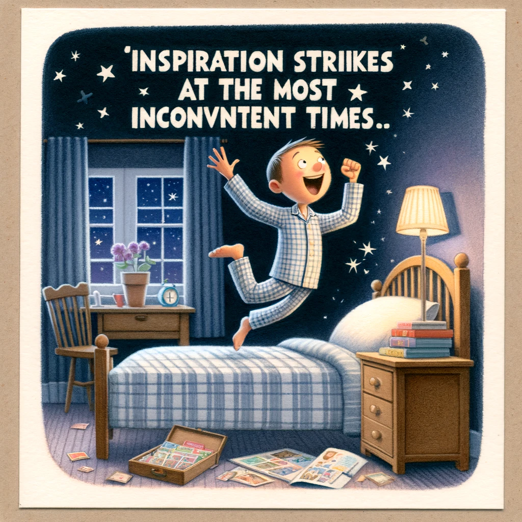 An image of a person suddenly jumping out of bed with a scrapbooking idea. The scene is a cozy bedroom at night, with the person in pajamas, looking excited and inspired, as if they just had a brilliant idea. The room should have subtle hints of a scrapbooking hobby, like a craft magazine or scrapbook on a nightstand. The person's expression and posture should convey the sudden burst of inspiration. A caption at the bottom of the image reads, "Inspiration strikes at the most inconvenient times."