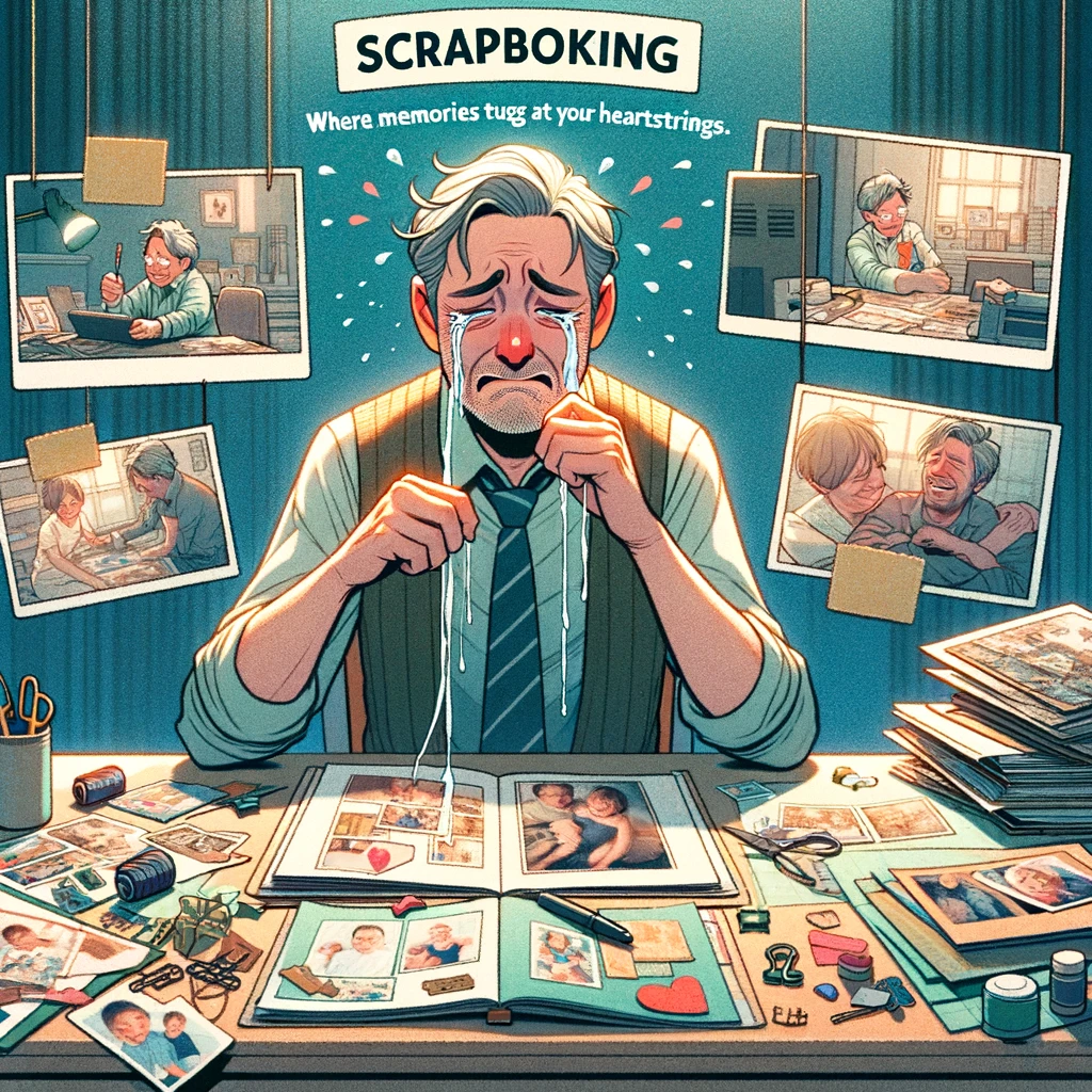 An image of a person getting teary-eyed while working on a scrapbook page. The person should be sitting at a desk, holding a photo or a piece of the scrapbook, looking emotional and touched. The scrapbooking area is filled with materials and memories, highlighting the sentimental aspect of the craft. The person's expression should convey a deep connection to the memories they are preserving. A caption at the bottom reads, "Scrapbooking: where memories tug at your heartstrings."