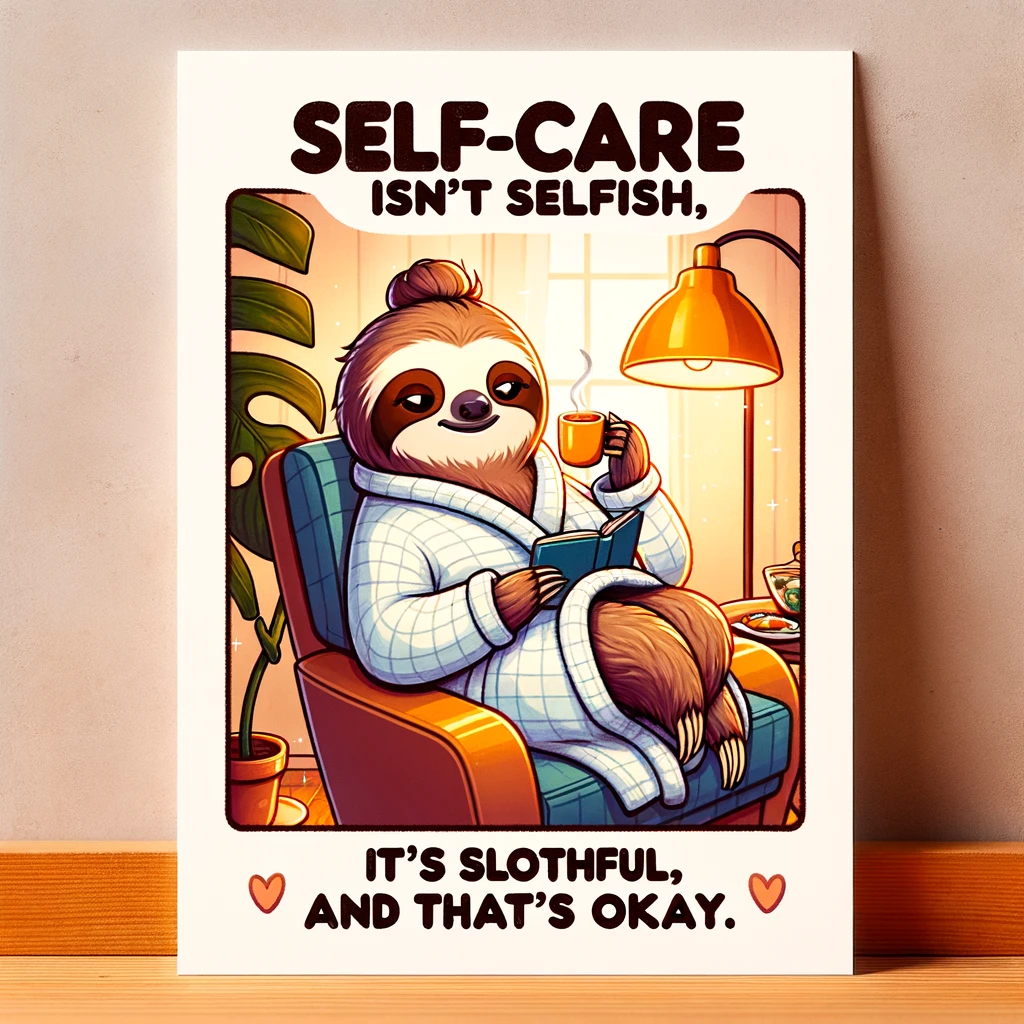 A cartoon sloth in a bathrobe, relaxing in a comfy chair with a cup of tea and a book. The sloth looks content and peaceful, embodying the essence of self-care. The background is cozy and warm, with soft lighting. There's a humorous caption at the bottom: "Self-care isn't selfish, it's slothful. And that's okay." The image is colorful, with a focus on creating a funny and light-hearted vibe.