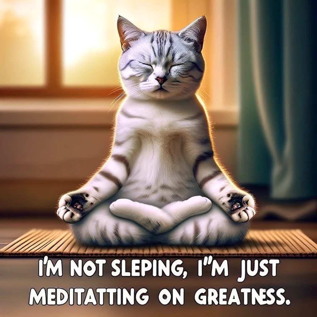 A cat sitting in a lotus position, meditating with closed eyes. There's a humorous caption that reads: "I'm not sleeping, I'm just meditating on my greatness." The image should have a light-hearted, funny feel, combining elements of Zen meditation and feline humor. The cat should be in a peaceful, serene setting that complements the theme of meditation, with soft colors and a tranquil background to enhance the comedic contrast of the caption.