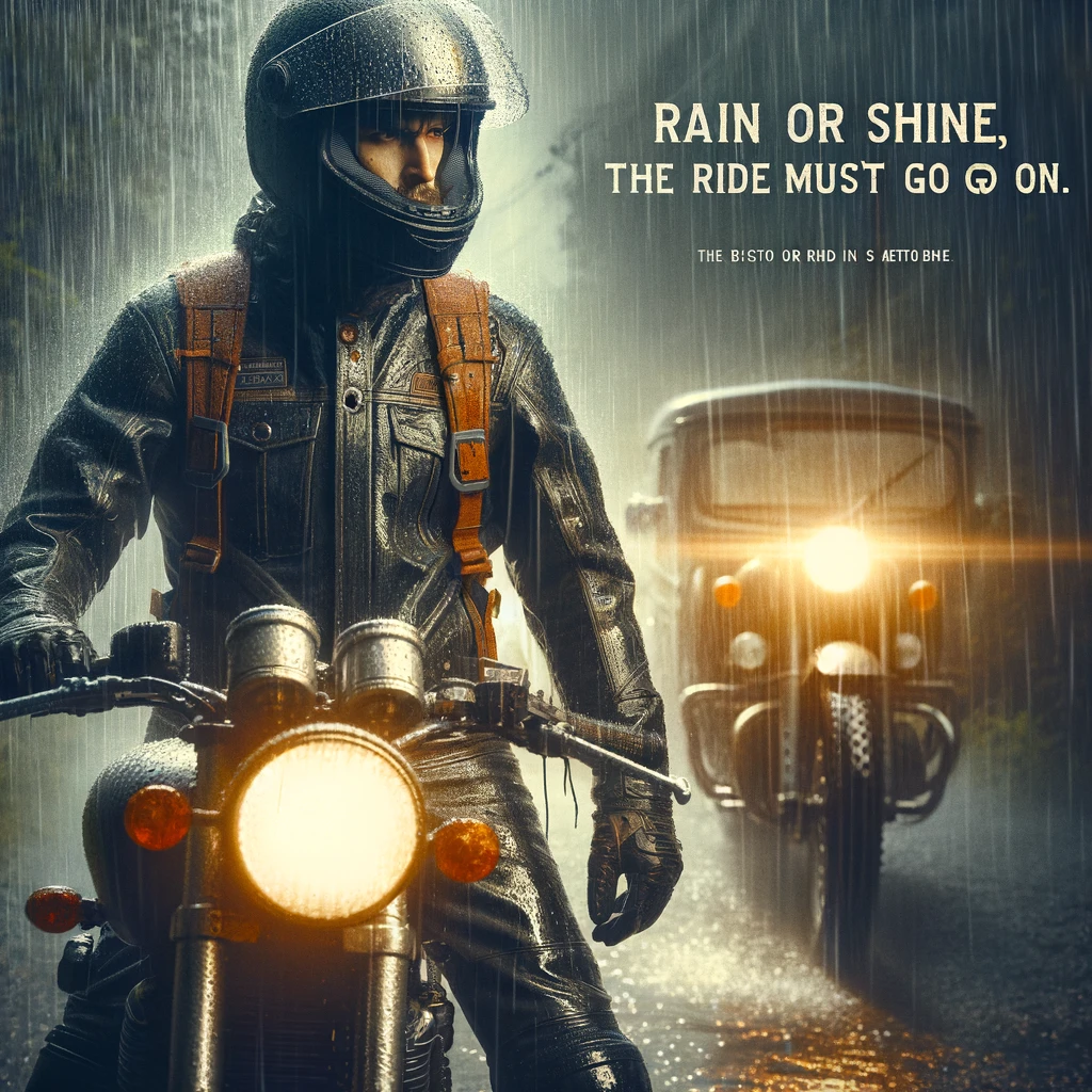 An image of a biker clad in full rain gear, looking determined, with heavy rain in the background. The biker stands next to their motorcycle, ready to embark on a journey. The caption at the bottom says, "RAIN OR SHINE, THE RIDE MUST GO ON." The scene conveys a sense of determination and resilience, emphasizing the biker's commitment to their passion regardless of the weather. The biker's outfit and motorcycle should reflect a rugged and weather-resistant design, suitable for harsh conditions.