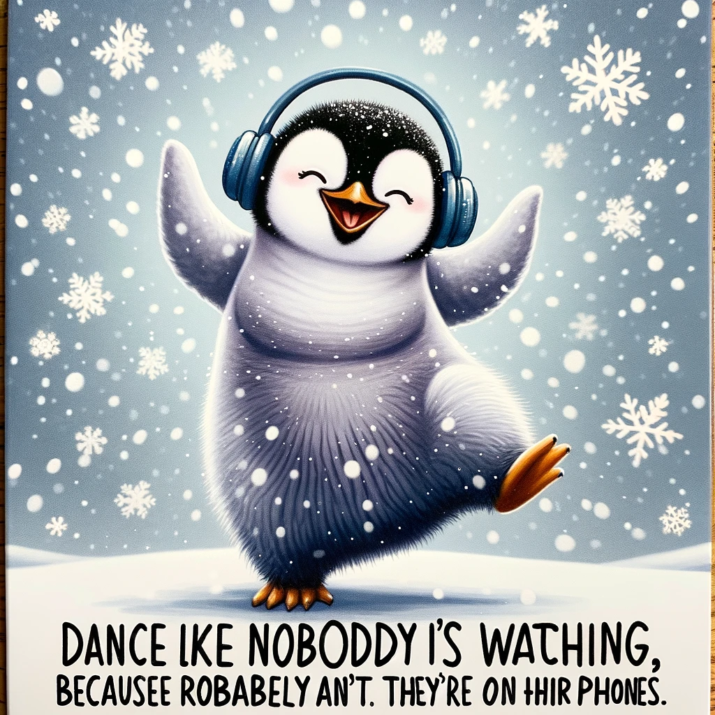 A happy penguin dancing with headphones on, surrounded by snowflakes. The caption says: "Dance like nobody's watching, because they probably aren't. They're on their phones." The image should capture the joy and carefree attitude of the penguin, emphasizing the humor in the situation. The penguin should be in a snowy environment, giving a vibe of happiness and freedom. The overall tone should be whimsical and light-hearted, with the caption adding a funny twist to the scene.