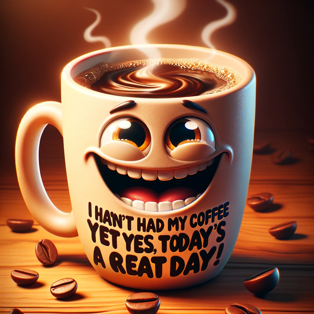 An animated coffee mug with a big smile, full of steaming coffee. The caption reads: "I haven't had my coffee yet, so yes, today is a great day!" The image should exude energy and positivity, with the coffee mug appearing lively and cheerful. The mug should be designed with an exaggerated smile and eyes, giving it a cartoonish, animated appearance. The background should complement the theme of a fresh morning or a coffee break, with warm colors and a cozy atmosphere, reflecting the uplifting spirit of the caption.