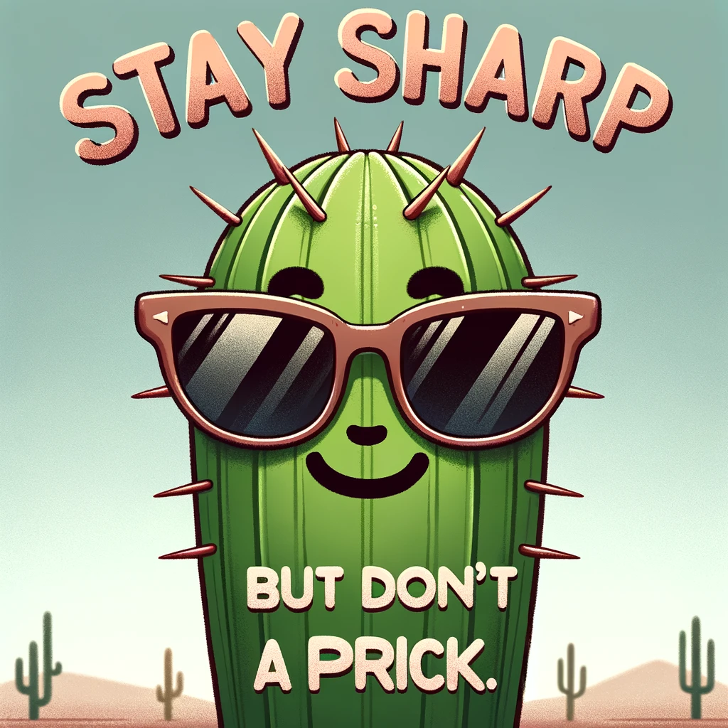 A cartoon cactus with a happy face, wearing sunglasses. The caption reads: "Stay sharp, but don't be a prick." The image should be humorous and light-hearted, depicting the cactus with an amusing and cheerful demeanor. The cactus should be anthropomorphized with a smiling face and stylish sunglasses, giving it a cool and playful appearance. The background should be a desert landscape, subtly highlighting the natural habitat of cacti, while maintaining a focus on the whimsical character of the cactus itself.
