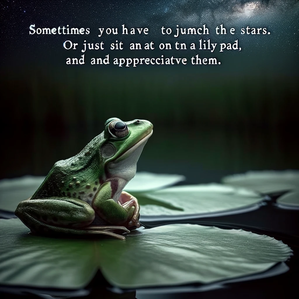 A thoughtful frog sitting on a lily pad, looking at the stars. The caption reads: "Sometimes you have to jump to reach the stars. Or just sit on a lily pad and appreciate them." The image should be serene and contemplative, capturing the philosophical nature of the frog. The frog should be portrayed in a relaxed pose on the lily pad, gazing upwards towards a starry night sky. The setting should be a calm pond at night, with the focus on the frog and the beauty of the night sky, creating a peaceful and reflective mood.