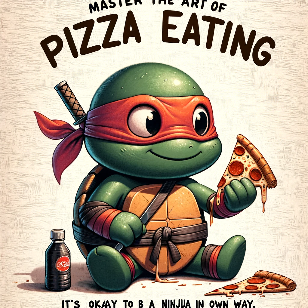 A cartoon turtle dressed as a ninja, eating pizza. The caption reads: "Master the art of pizza eating. It's okay to be a ninja in your own way." The image should be fun and whimsical, showing the turtle in an amusing ninja outfit, holding a slice of pizza. The turtle should have a playful expression, enjoying the pizza. The setting can be simple, focusing on the character of the ninja turtle and its enjoyment of pizza. The overall tone should be light-hearted and humorous, reflecting the playful nature of the caption.