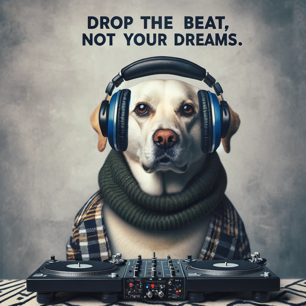 A dog with DJ headphones and turntables, looking cool. The caption reads: "Drop the beat, not your dreams." The image should capture the dog's cool and confident demeanor as a DJ. The dog should be depicted wearing stylish DJ headphones, with turntables in front of it. The setting should resemble a DJ booth or a party environment, highlighting the dog's role as a DJ. The overall atmosphere should be lively and energetic, with the dog's pose and expression reflecting its passion for music and the motivational message of the caption.