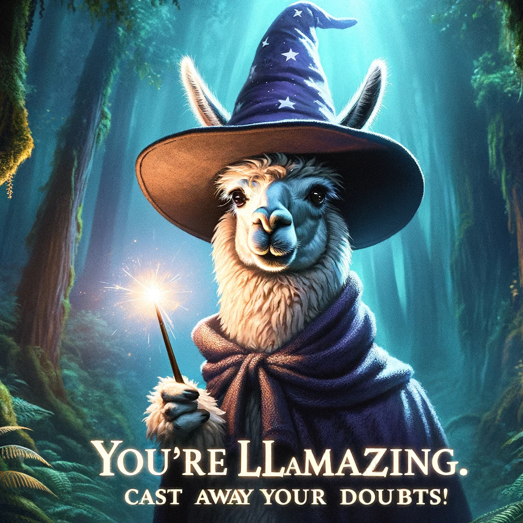 A llama wearing a wizard hat and cloak, holding a magic wand, looking wise and magical. The llama should be standing in a mystical forest setting. The image should have a whimsical and inspiring vibe, with a caption at the bottom reading: "You're llamazing. Cast away your doubts!" The scene should be enchanting, with a focus on the wizard llama as the central figure, amidst an atmosphere of wonder and magic.
